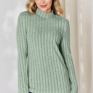 Full Size Ribbed Mock Neck Light Green Long Sleeve T-Shirt